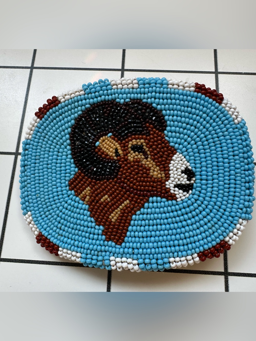 Vintage Eastern Shoshone Hand Beaded Belt Buckle - Big Horn Sheep Motif, Leather
